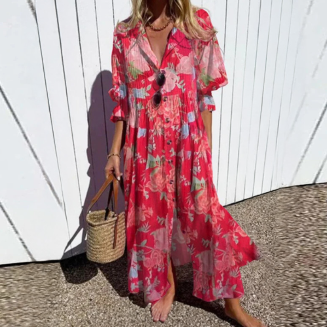 ISLA – MAXI DRESS WITH BUTTON IN COASTAL BREEZE