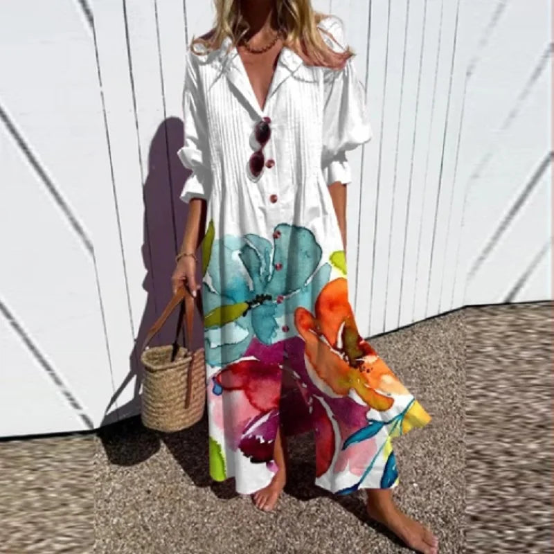 ISLA – MAXI DRESS WITH BUTTON IN COASTAL BREEZE