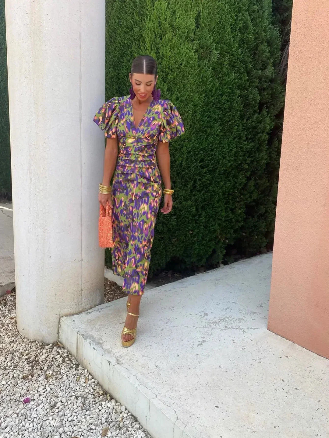 Devika – Midi Dress with Vibrant Puff Sleeves