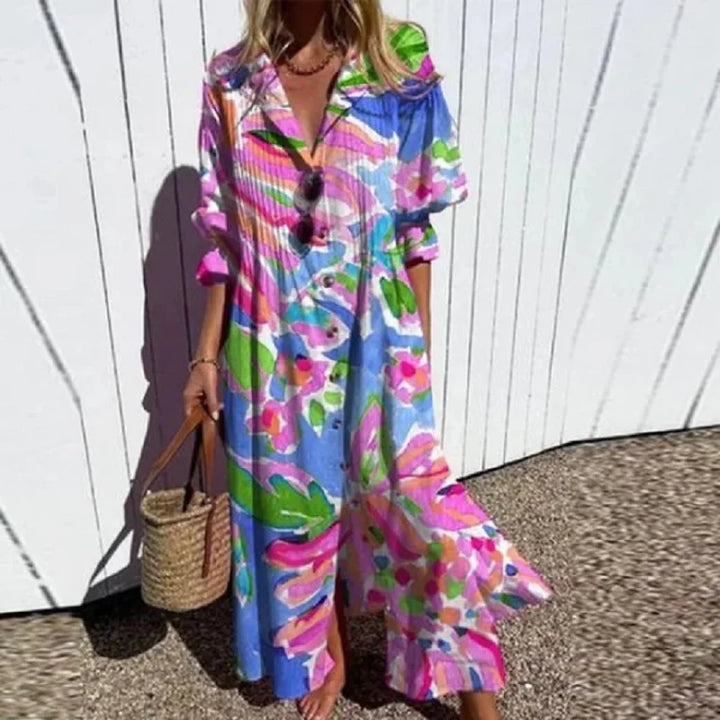 ISLA – MAXI DRESS WITH BUTTON IN COASTAL BREEZE