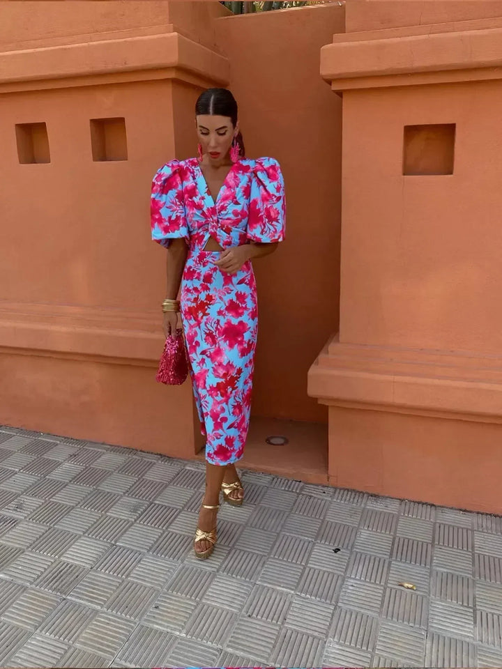 Devika – Midi Dress with Vibrant Puff Sleeves