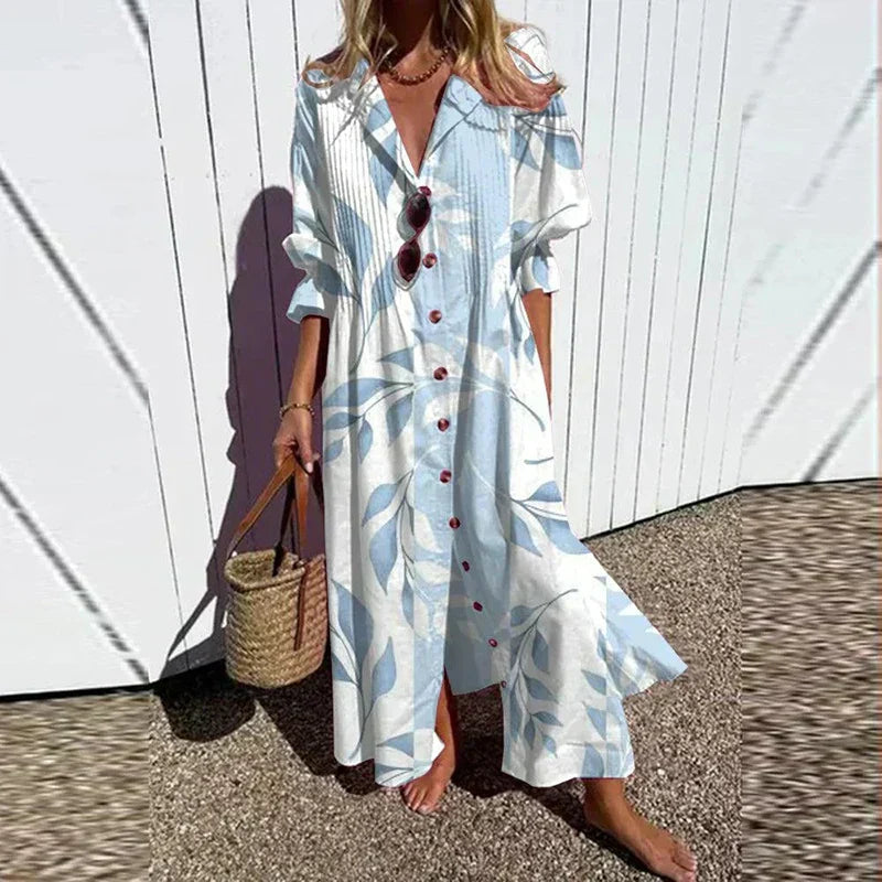 ISLA – MAXI DRESS WITH BUTTON IN COASTAL BREEZE