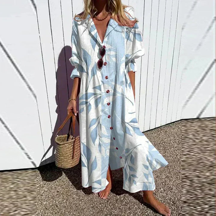 ISLA – MAXI DRESS WITH BUTTON IN COASTAL BREEZE