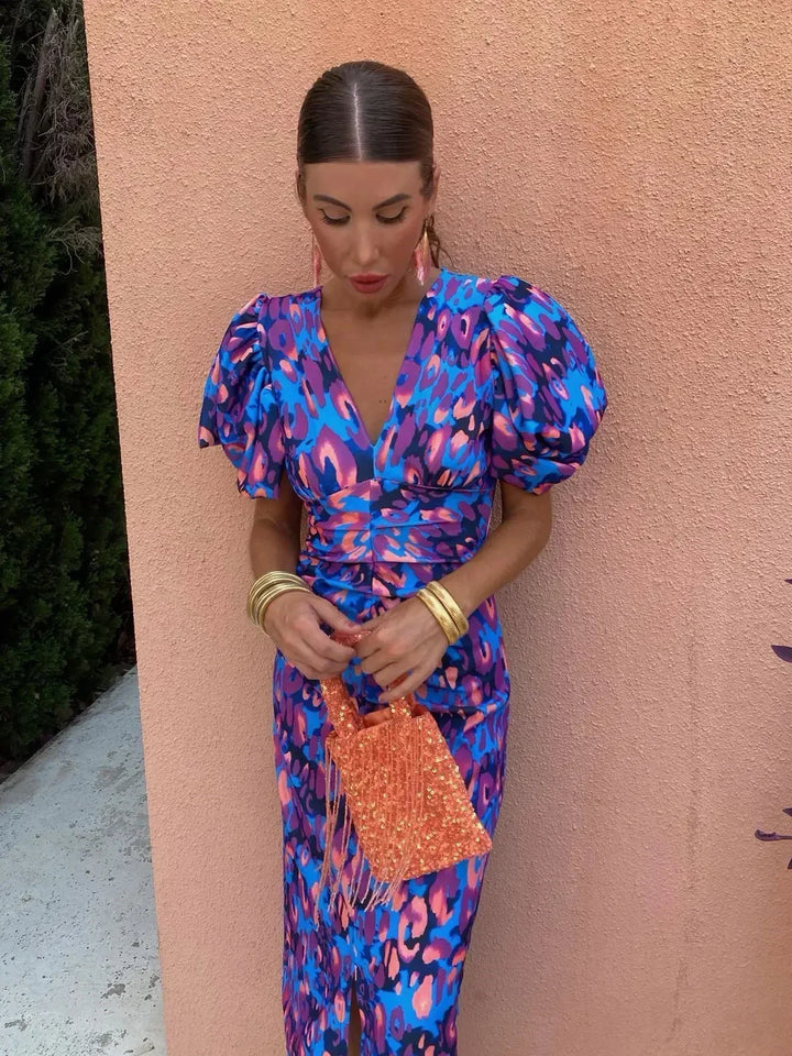 Devika – Midi Dress with Vibrant Puff Sleeves