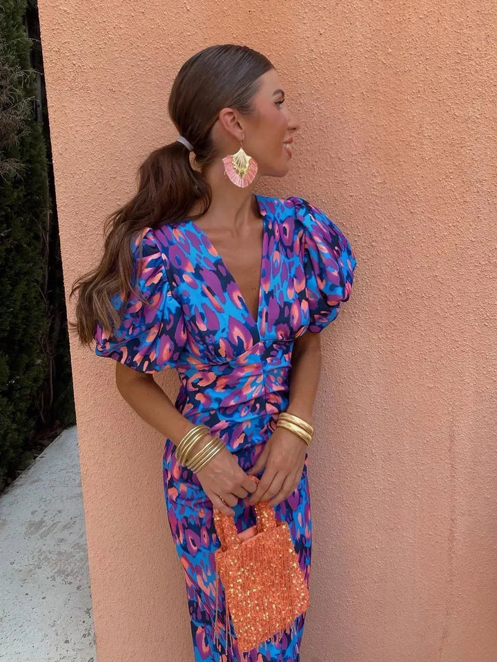 Devika – Midi Dress with Vibrant Puff Sleeves