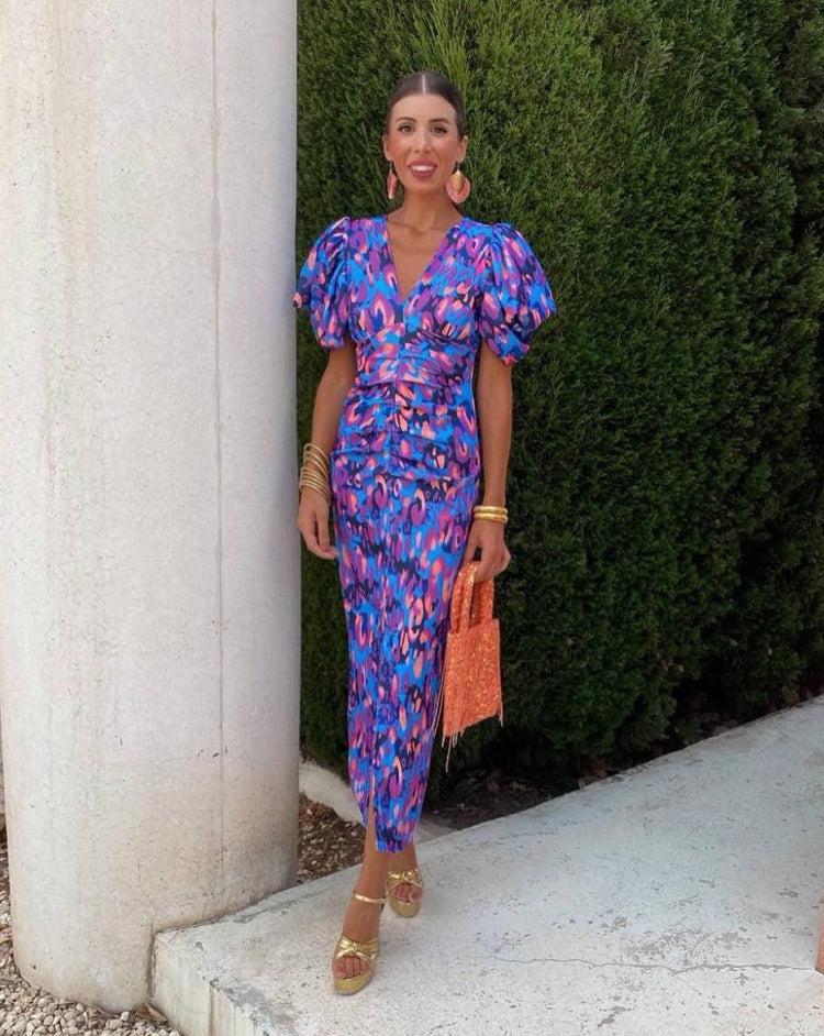 Devika – Midi Dress with Vibrant Puff Sleeves