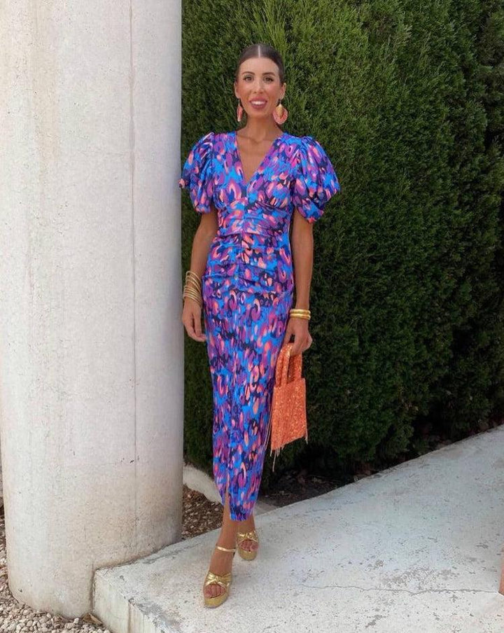 Devika – Midi Dress with Vibrant Puff Sleeves