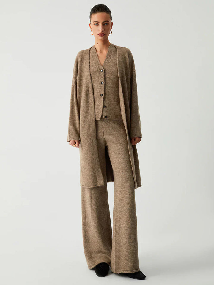 Three-Piece Long Cardigan with Casual Pants