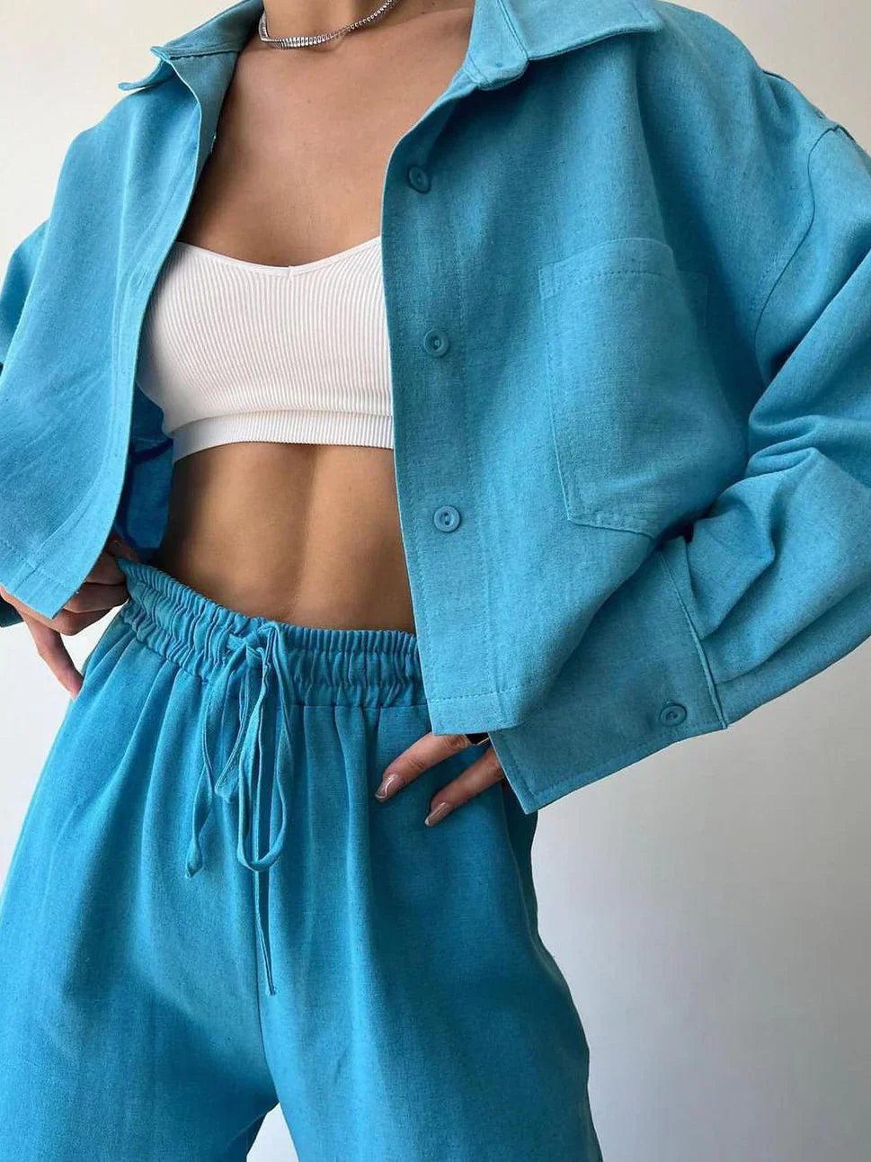 Two-Piece Casual Pants Set with Collar and Drawstring