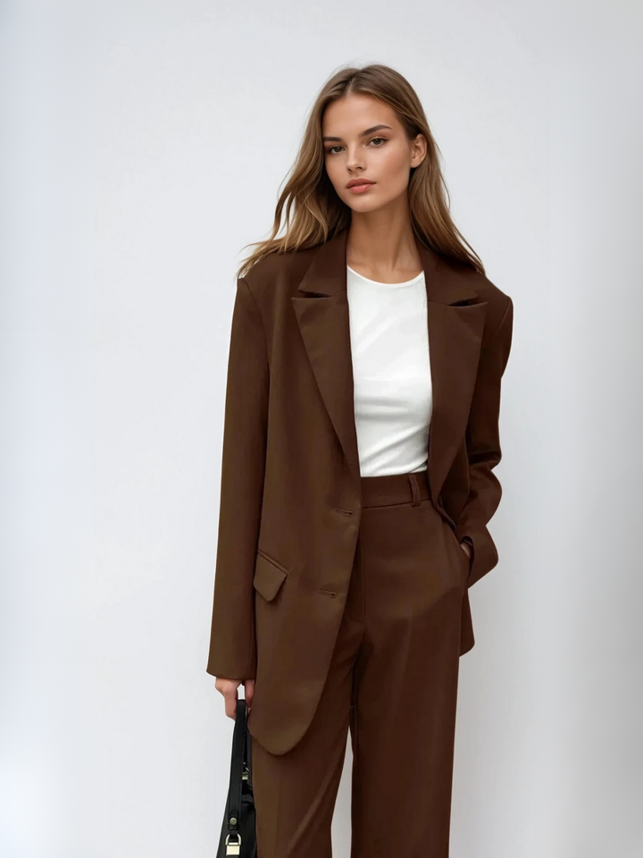 Coordinated mocha vintage blazer and wide-leg pants