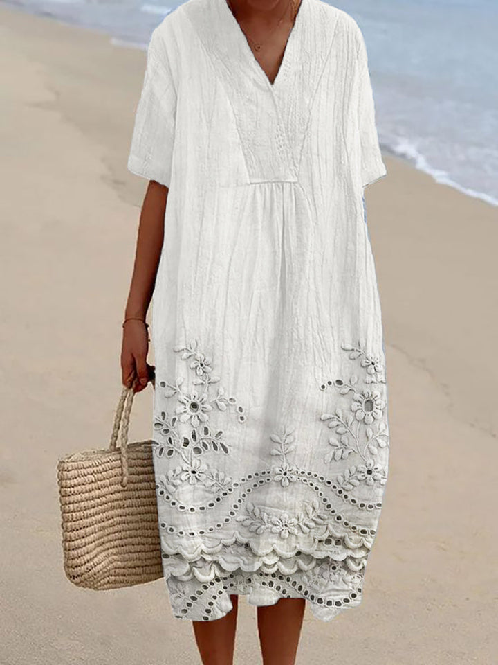 ORIANA – DRESS WITH FLORAL EMBROIDERY AND LACE TRIM