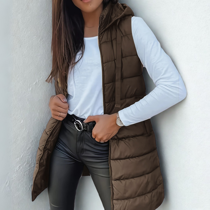 Rebeca | Long puffy vest without sleeves, with hood, casual