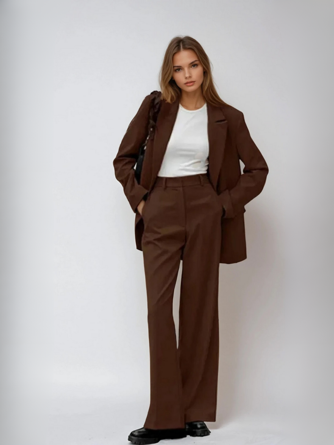 Coordinated mocha vintage blazer and wide-leg pants