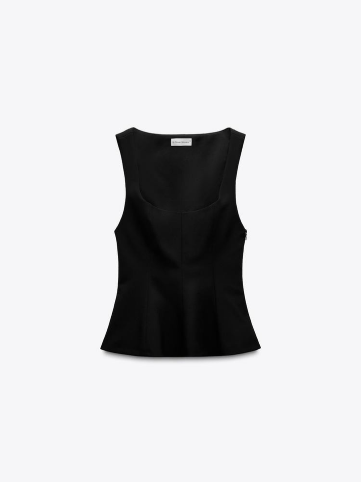Top sleeveless peplum with square collar, slim-fit
