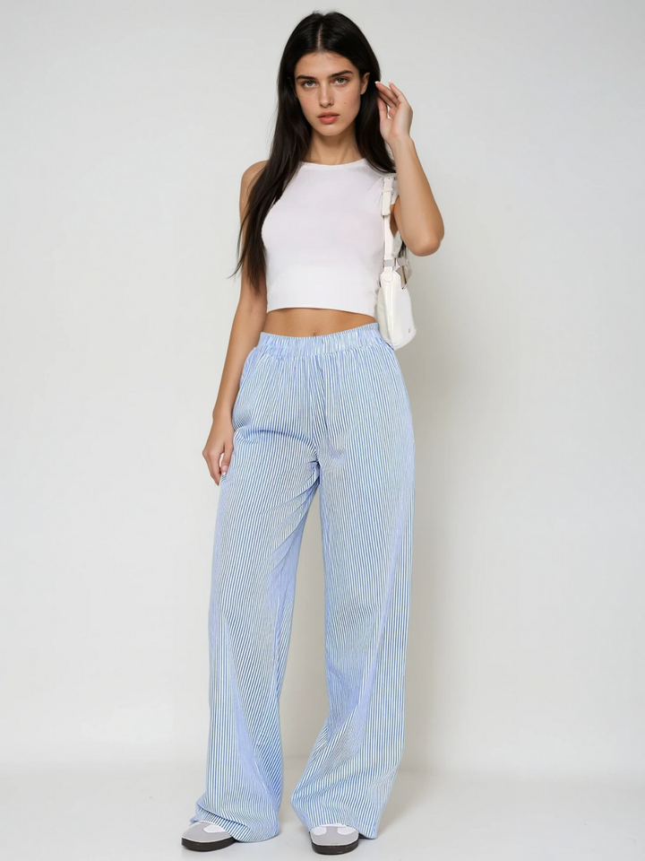High-Waisted Elastic Wide Leg Pants with Stripes