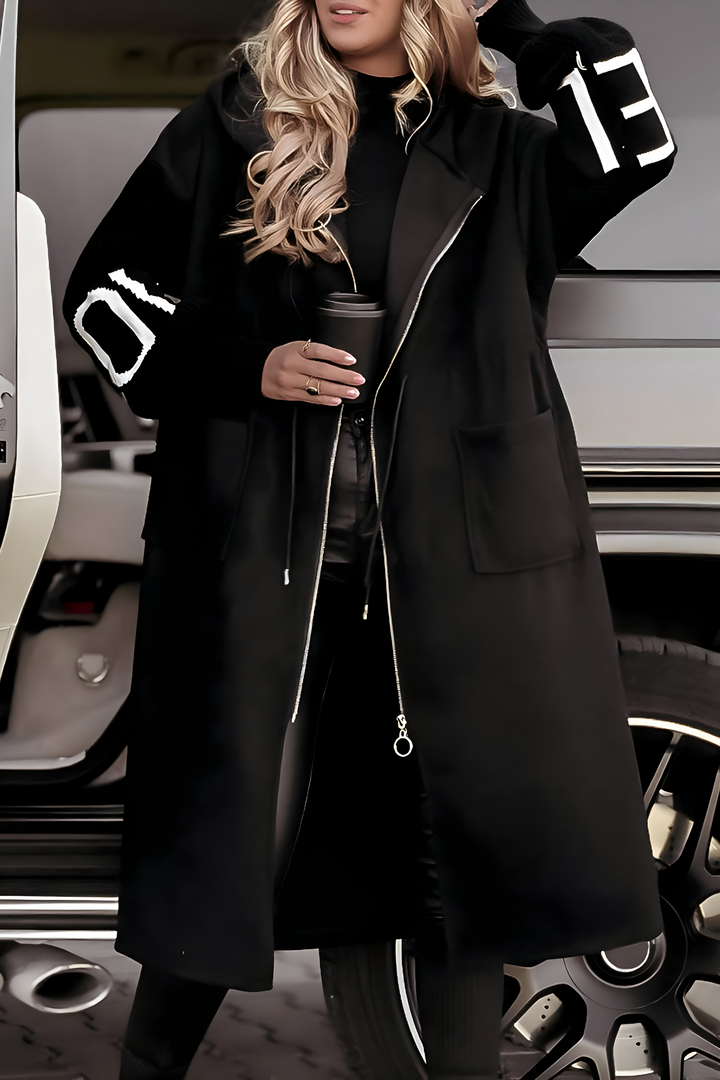 Camelia | Long Coat with Knitted Sleeves and Hood