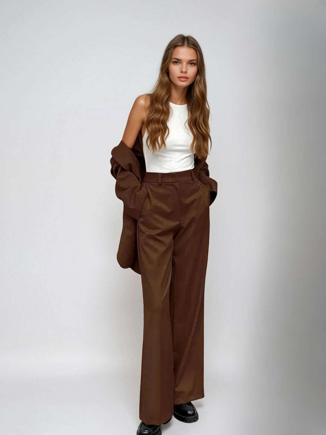 Coordinated mocha vintage blazer and wide-leg pants