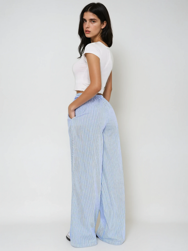 High-Waisted Elastic Wide Leg Pants with Stripes