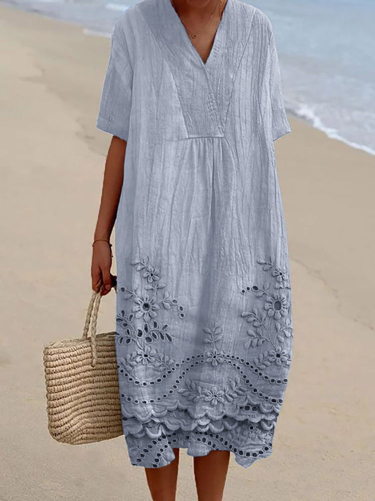 ORIANA – DRESS WITH FLORAL EMBROIDERY AND LACE TRIM