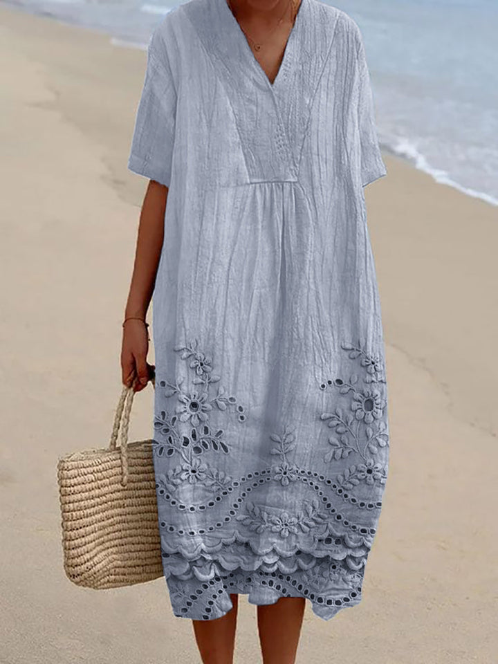 ORIANA – DRESS WITH FLORAL EMBROIDERY AND LACE TRIM