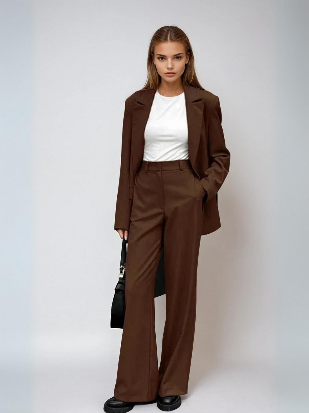 Coordinated mocha vintage blazer and wide-leg pants