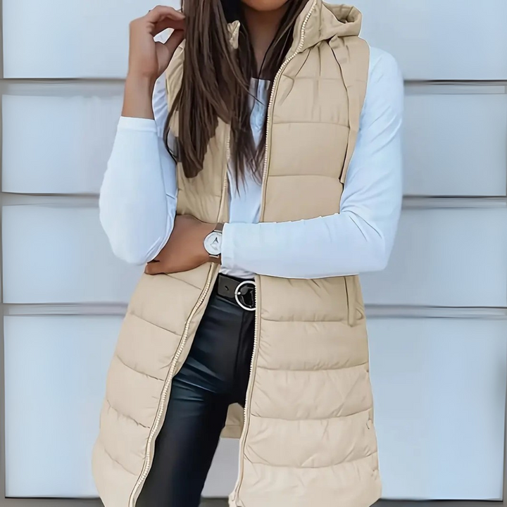 Rebeca | Long puffy vest without sleeves, with hood, casual
