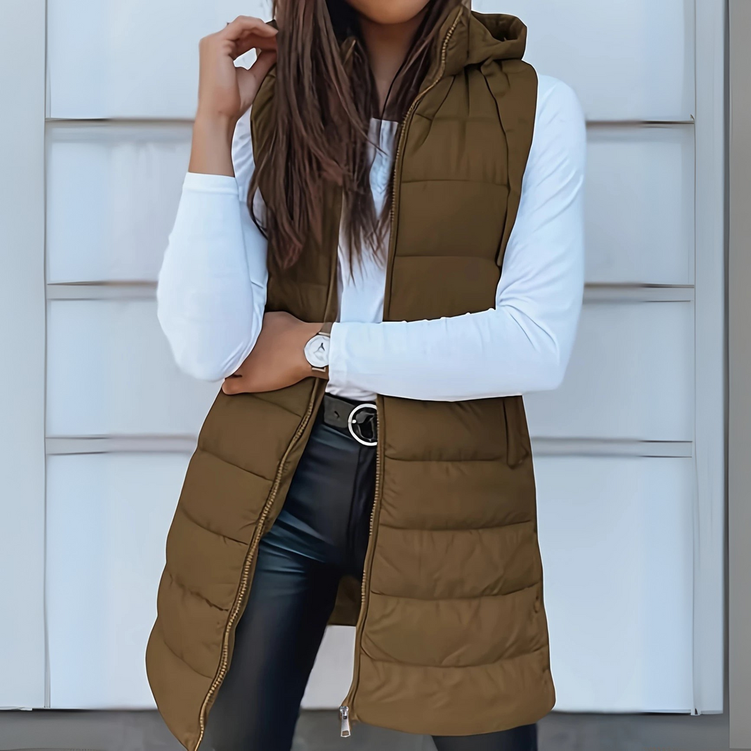 Rebeca | Long puffy vest without sleeves, with hood, casual