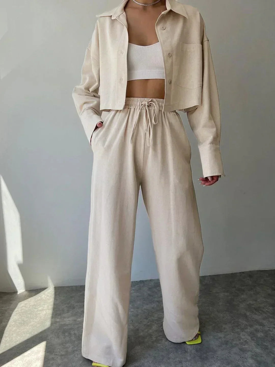 Two-Piece Pants Set with Collar and Drawstring, Casual
