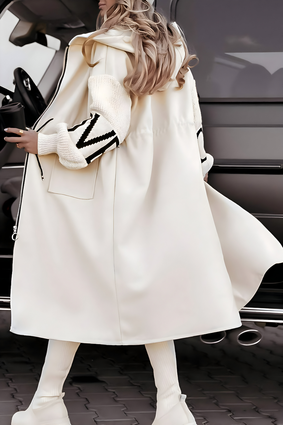 Camelia | Long Coat with Knitted Sleeves and Hood