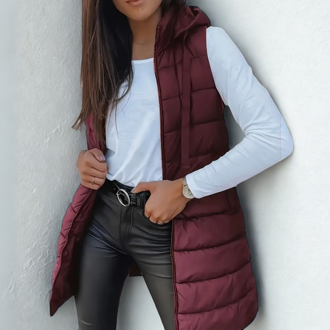 Rebeca | Long puffy vest without sleeves, with hood, casual