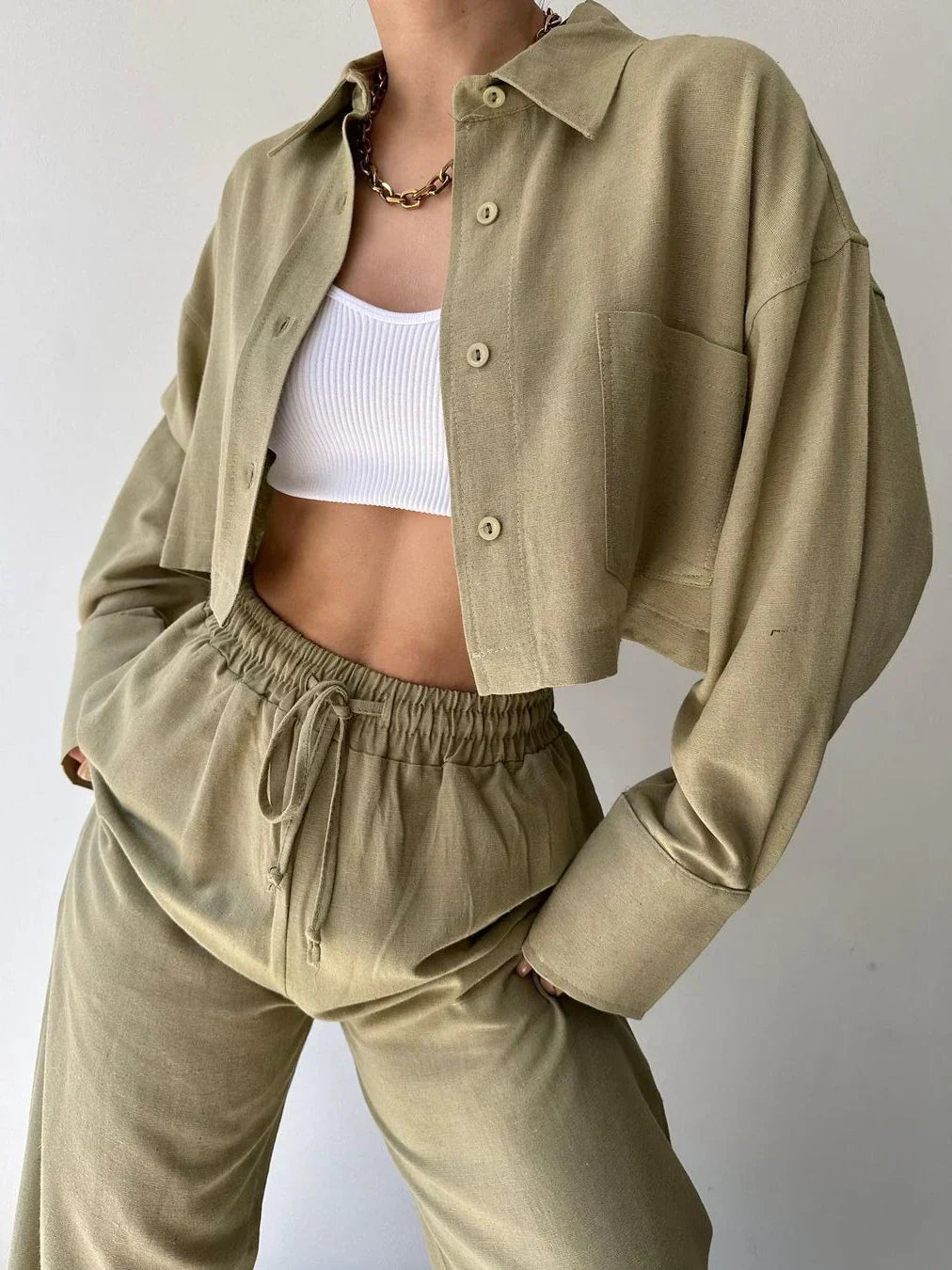 Two-Piece Pants Set with Collar and Drawstring, Casual