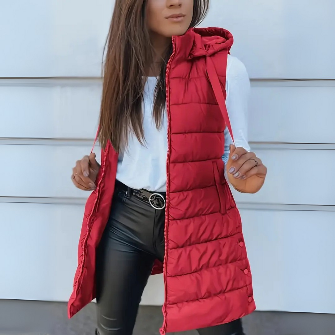 Rebeca | Long puffy vest without sleeves, with hood, casual