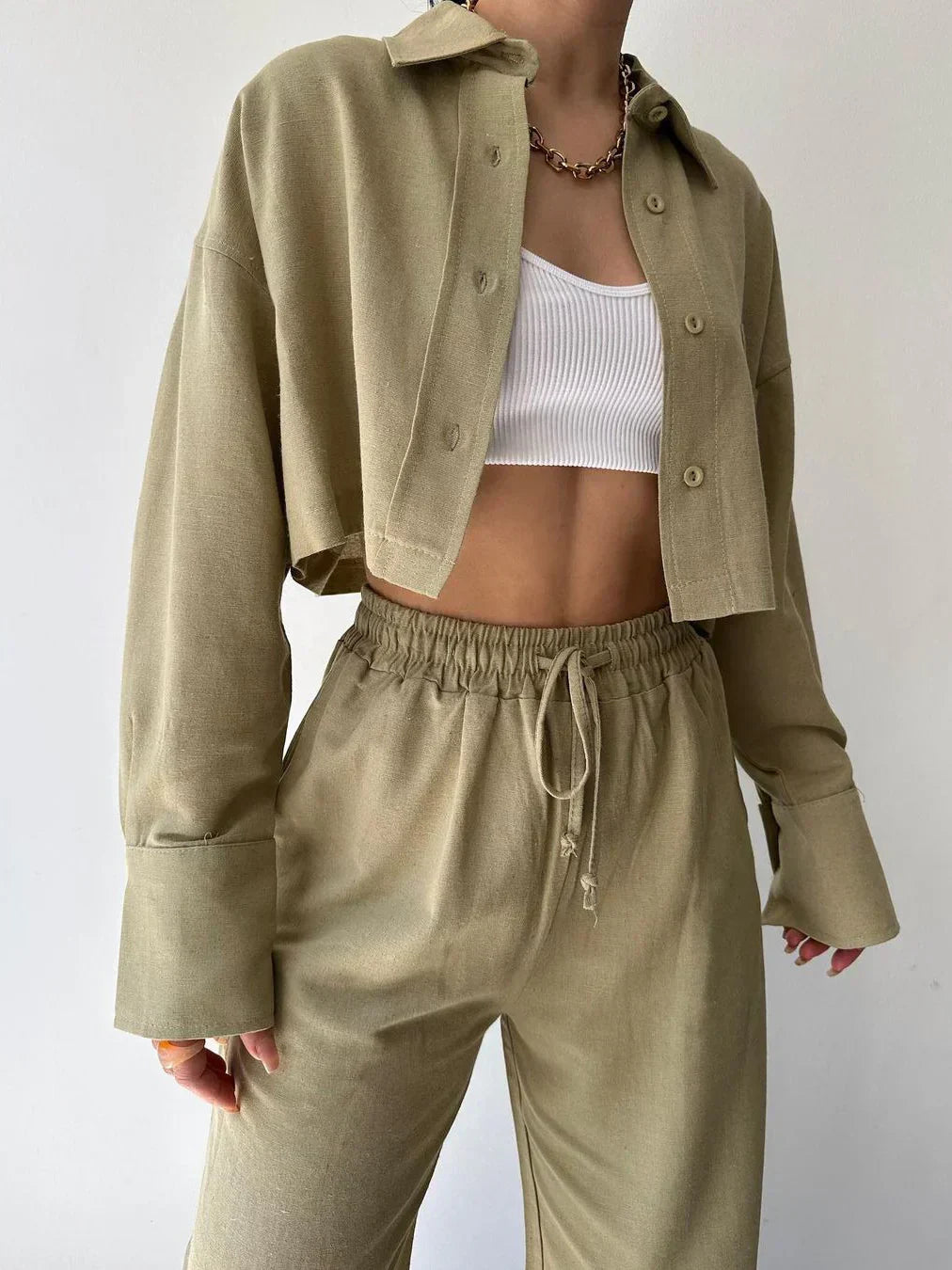 Two-Piece Casual Pants Set with Collar and Drawstring