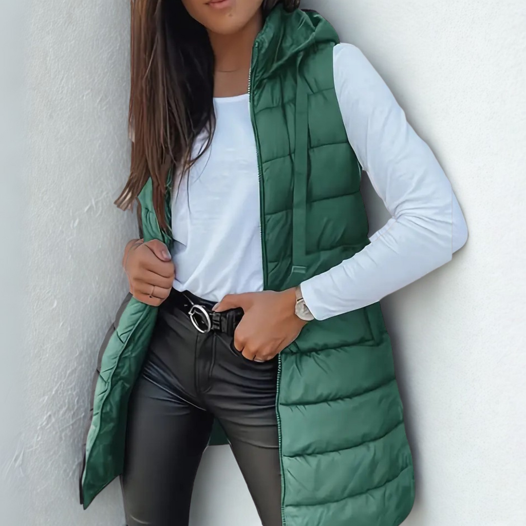 Rebeca | Long puffy vest without sleeves, with hood, casual