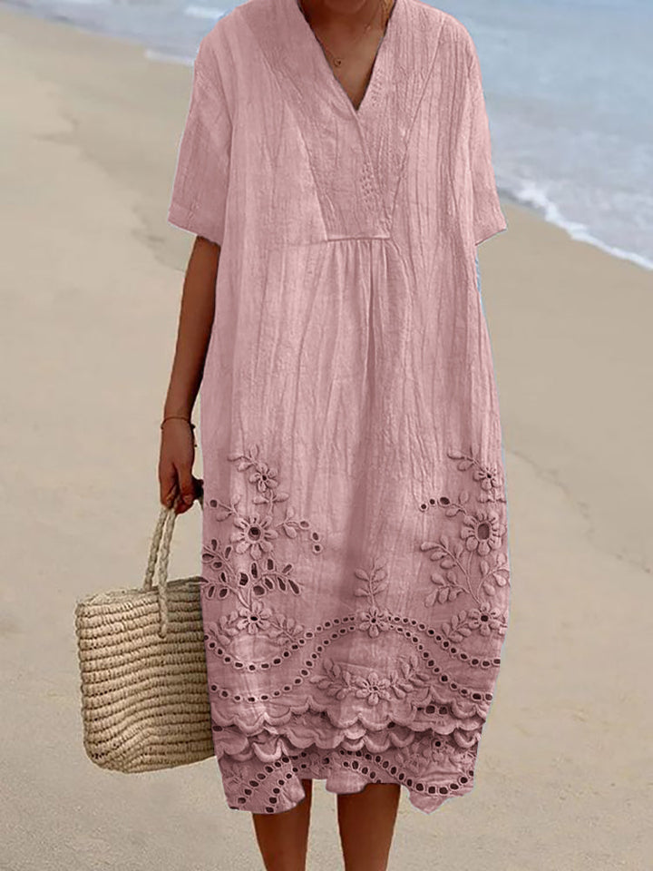 ORIANA – DRESS WITH FLORAL EMBROIDERY AND LACE TRIM