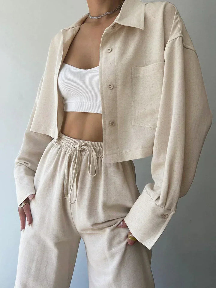 Two-Piece Pants Set with Collar and Drawstring, Casual