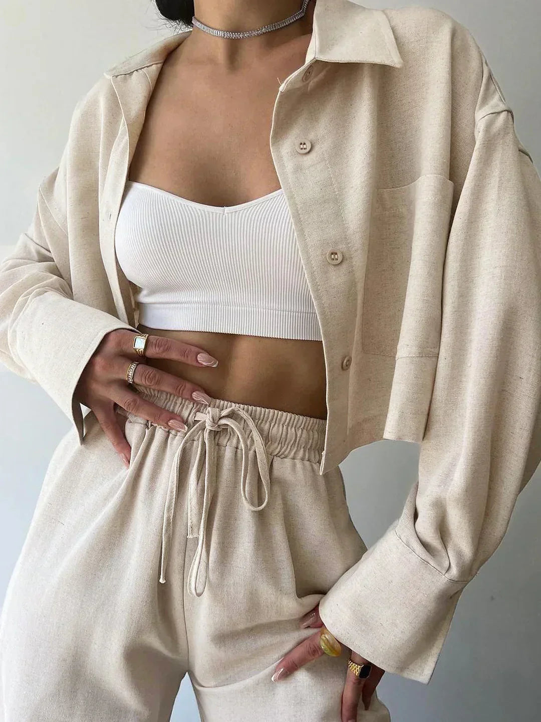 Two-Piece Pants Set with Collar and Drawstring, Casual