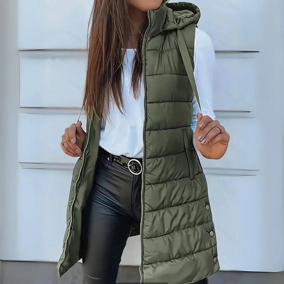 Rebeca | Long puffy vest without sleeves, with hood, casual