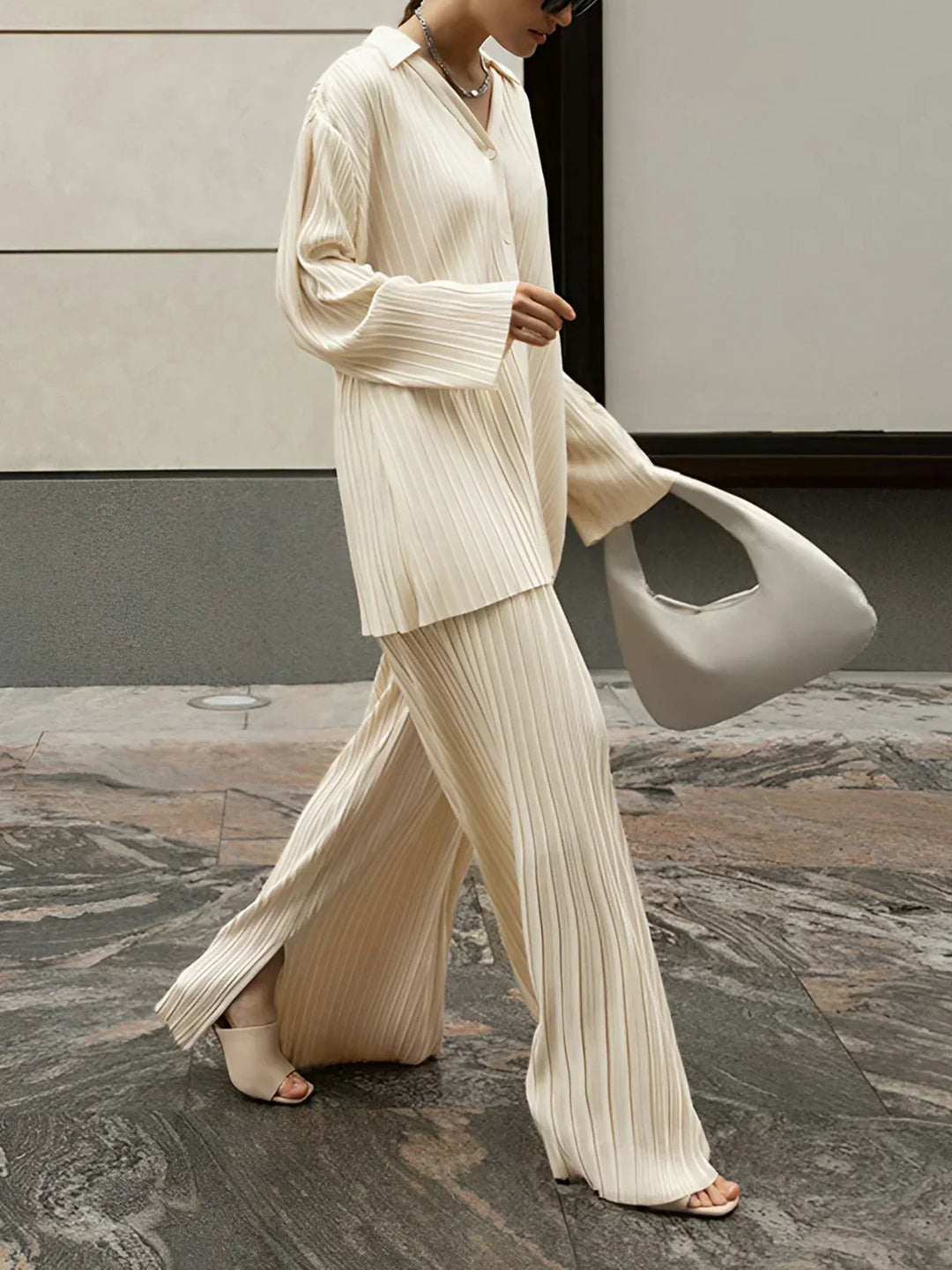 Two-Piece Pants Set with Pleated Pockets, Oversized