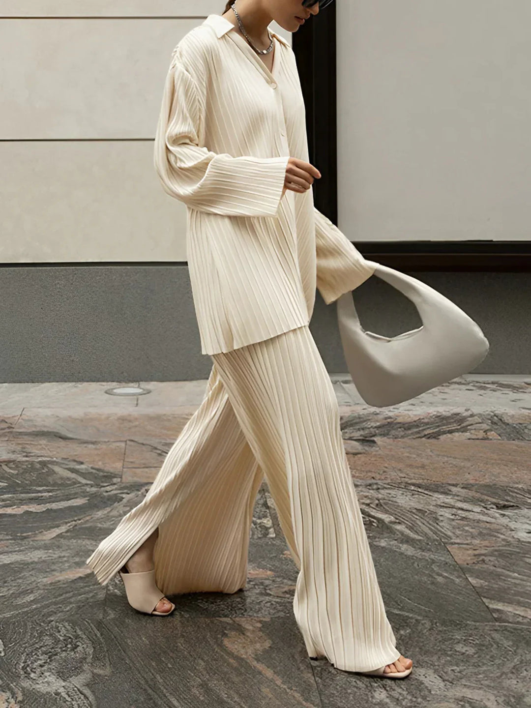 Two-Piece Pants Set with Pleated Pockets, Oversized