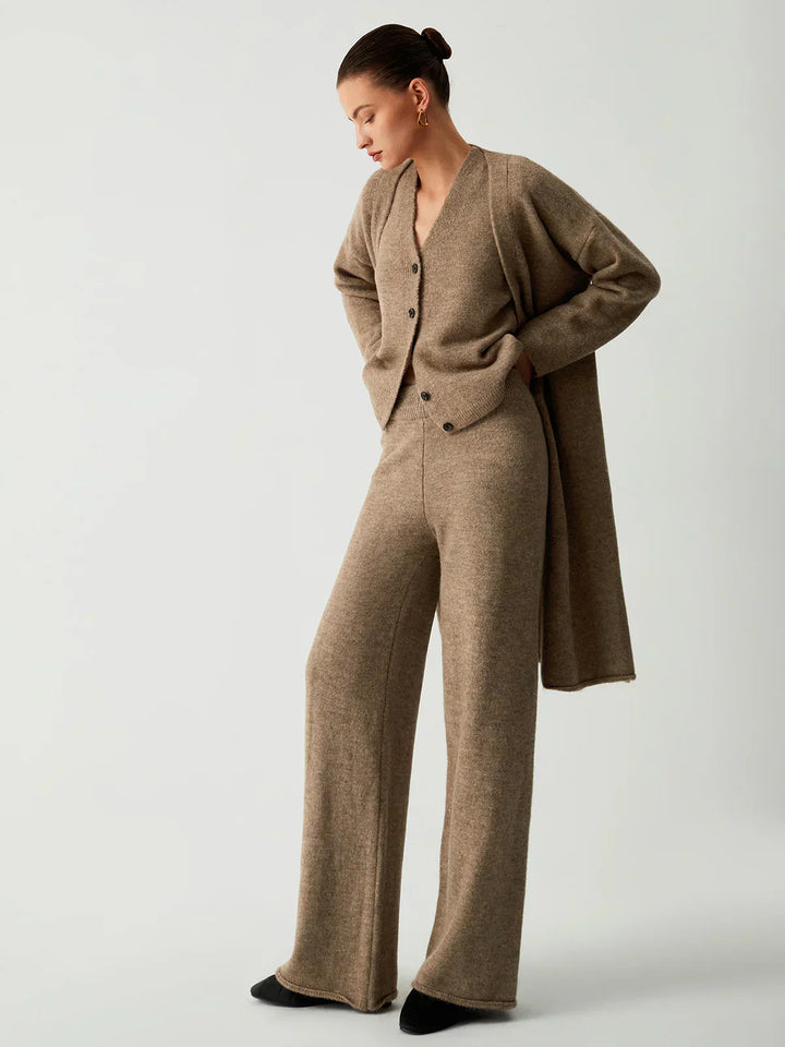 Three-Piece Long Cardigan with Casual Pants