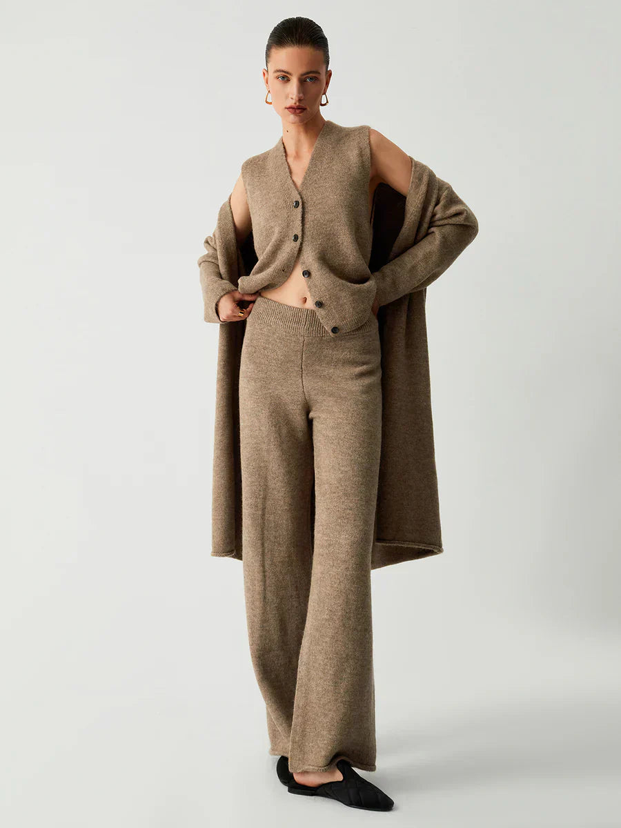 Three-Piece Long Cardigan with Casual Pants