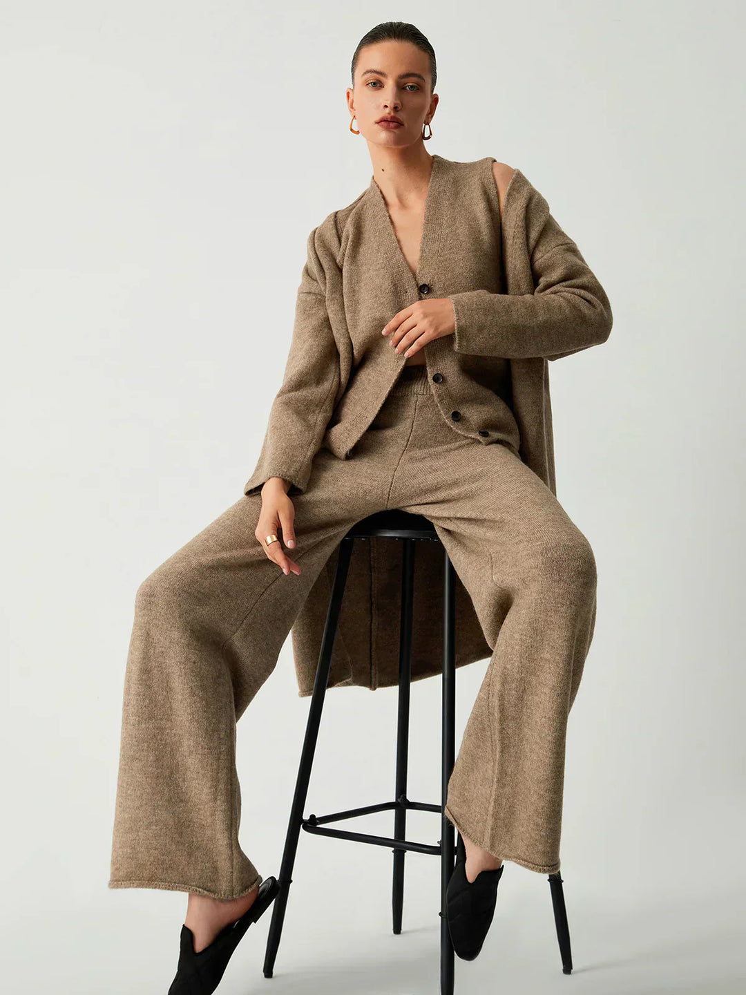 Three-Piece Set with Long Cardigan and Casual Pants