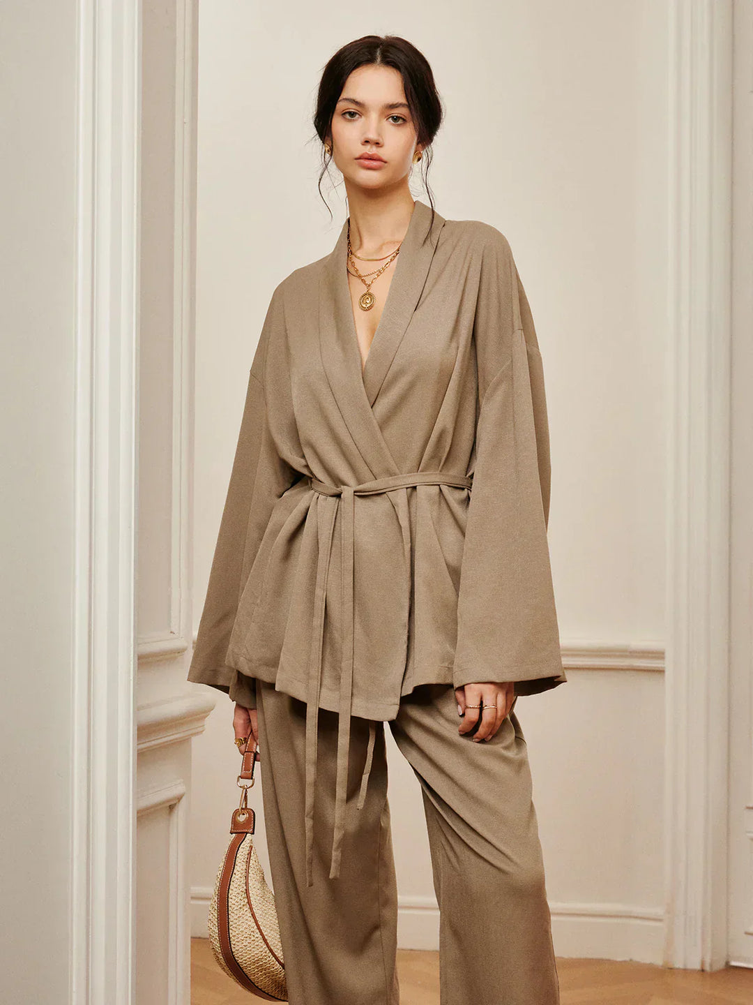 Wrinkled Pants Set with Belt for Casual Wear