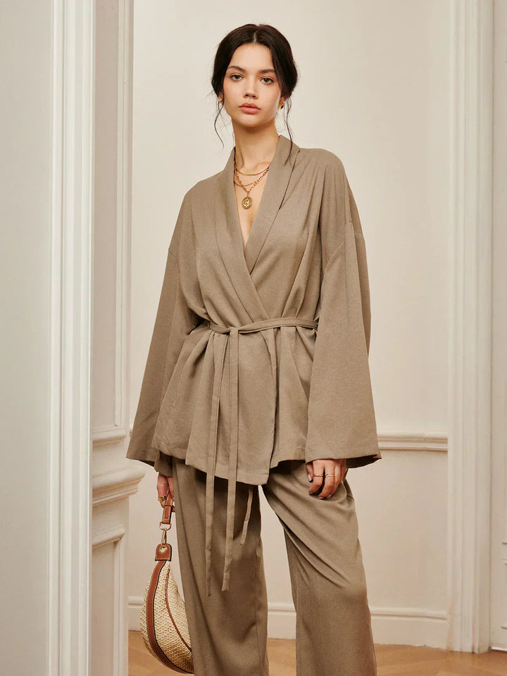 Wrinkled Pants Set with Belt for Casual Wear