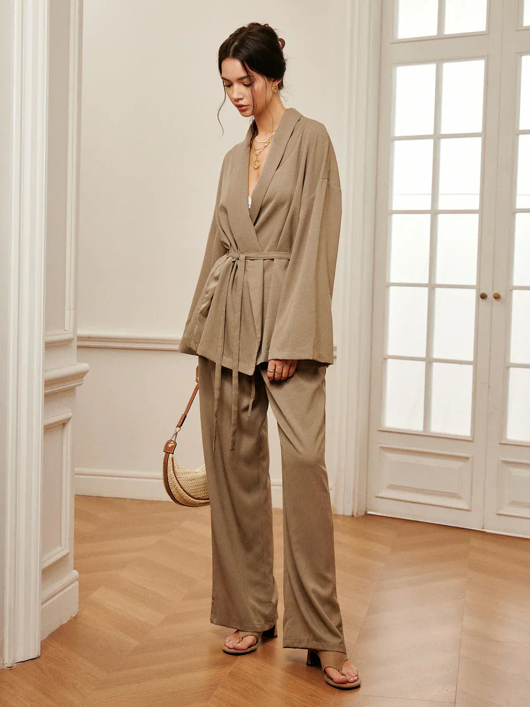 Wrinkled Pants Set with Belt for Casual Wear