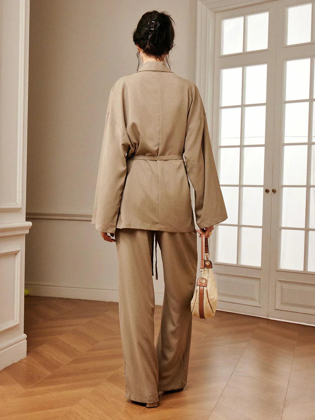 Wrinkled Pants Set with Belt for Casual Outfits