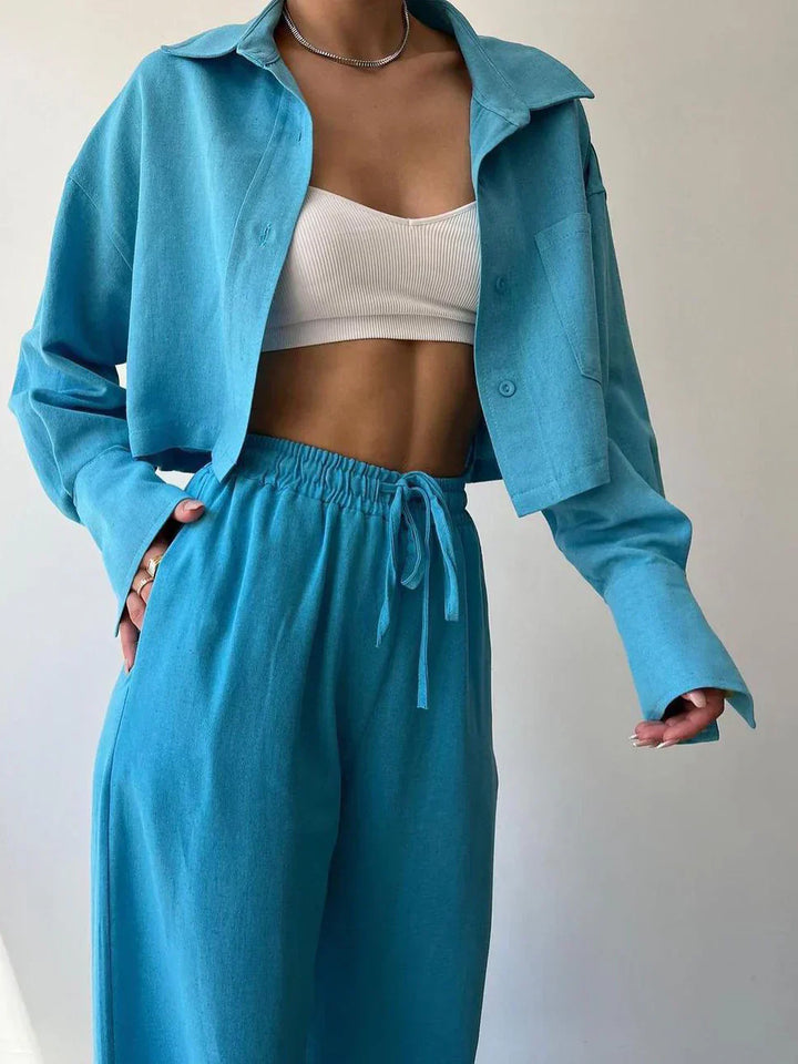 Two-Piece Casual Pants Set with Collar and Drawstring