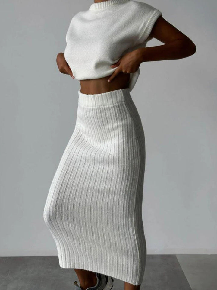 Assembled Set: Thick Knit Top and High-Waisted Midi Knit Skirt