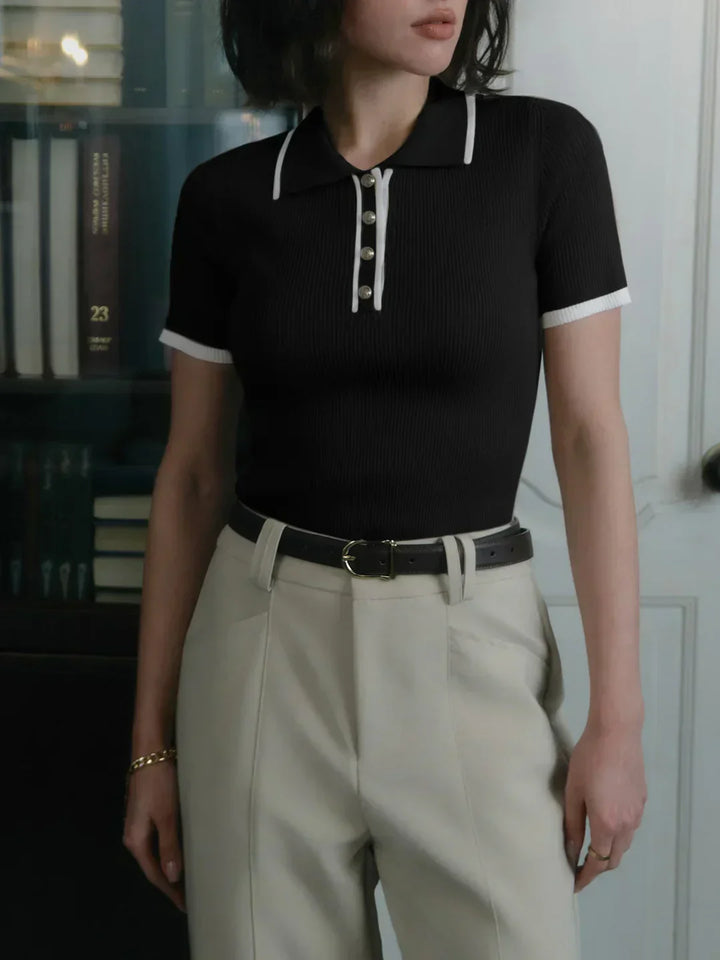 Knitted top with metallic buttons and contrasting details